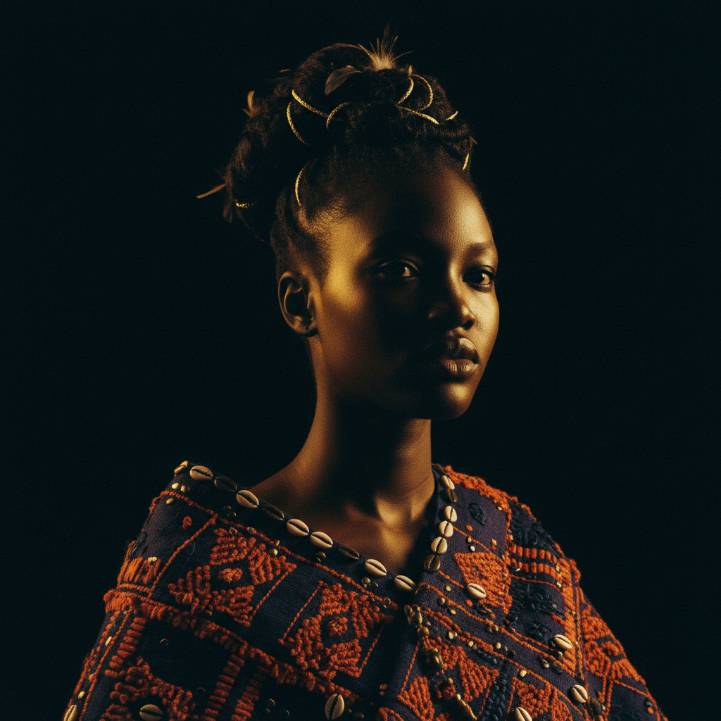 Model wearing richly textured handwoven West African garment against a dark background