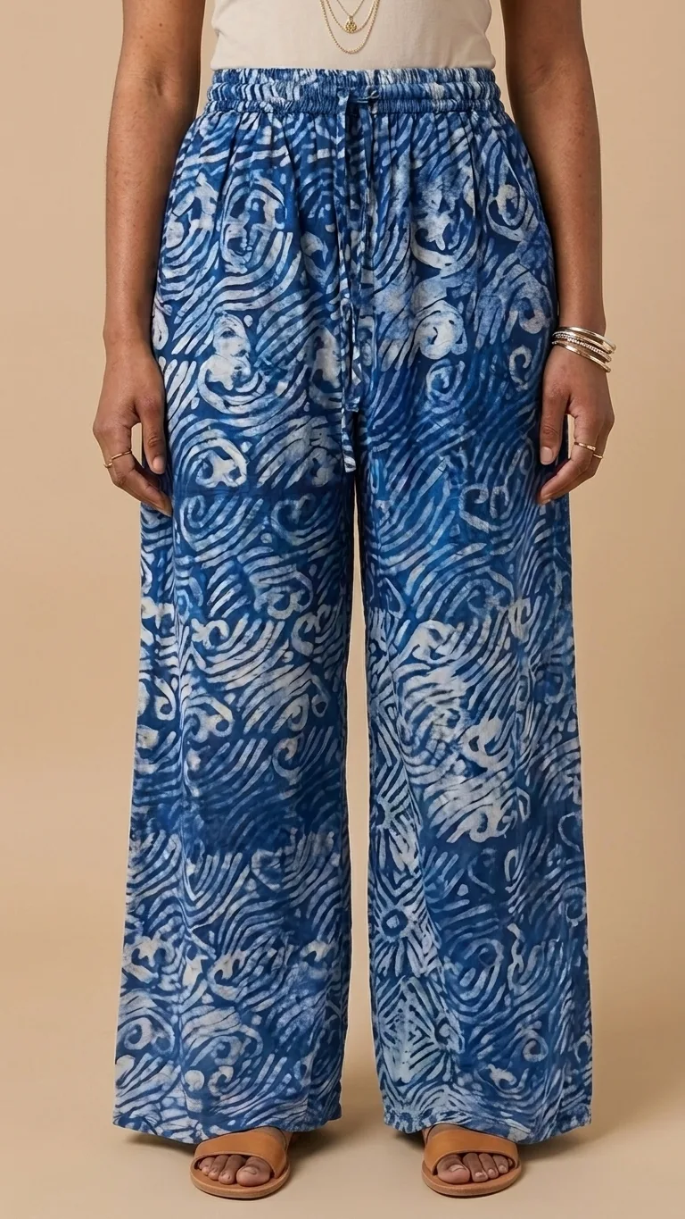 Ocean Blue Batik Wide-Leg Pants