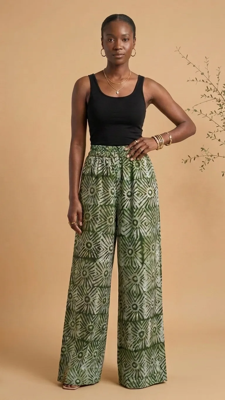 Olive Batik Wide-Leg Pants
